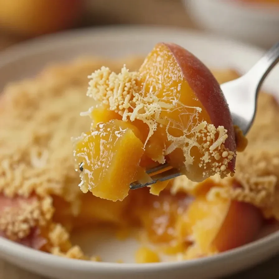 A freshly baked traditional Southern peach cobbler served in a white ceramic dish with golden-brown crust.