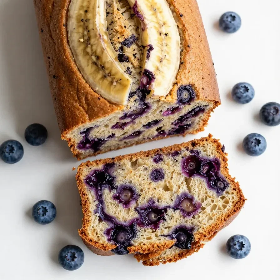 A freshly baked loaf of oatmeal blueberry banana bread on a wooden table.