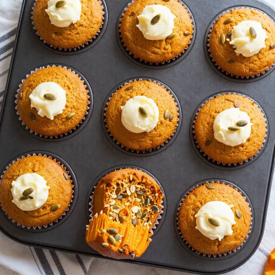 A close-up of freshly baked pumpkin cream cheese muffins on a wooden table.