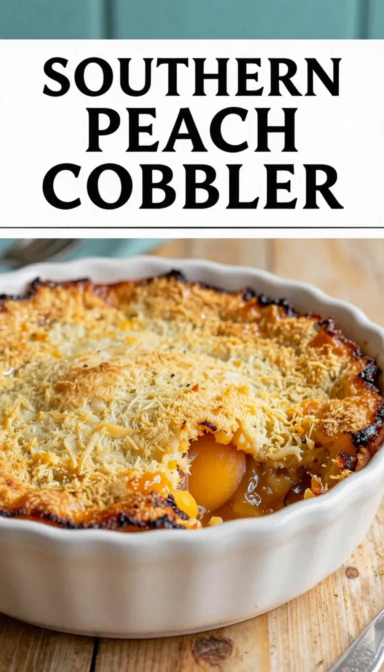 A freshly baked traditional Southern peach cobbler served in a white ceramic dish with golden-brown crust.