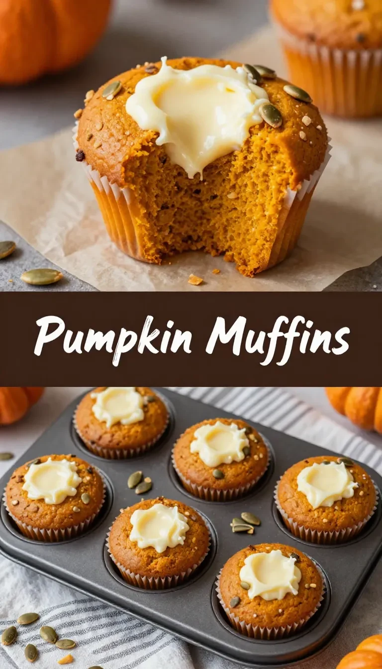 A close-up of freshly baked pumpkin cream cheese muffins on a wooden table.