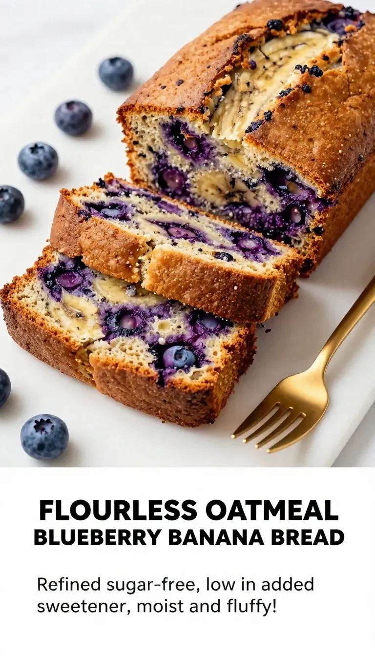 A freshly baked loaf of oatmeal blueberry banana bread on a wooden table.