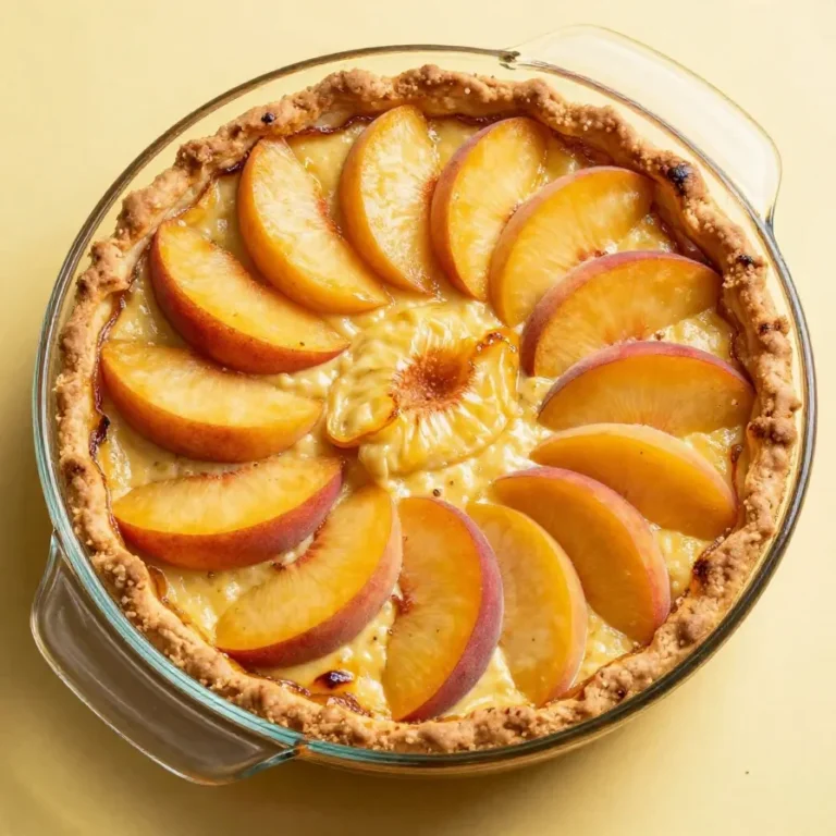 Peaches and Cream Pie A freshly baked peaches and cream pie with a golden crust served on a wooden table.