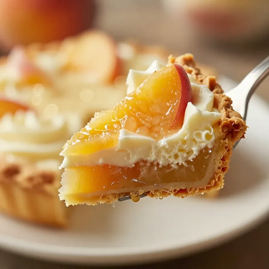 A freshly baked peaches and cream pie with a golden crust served on a wooden table.
