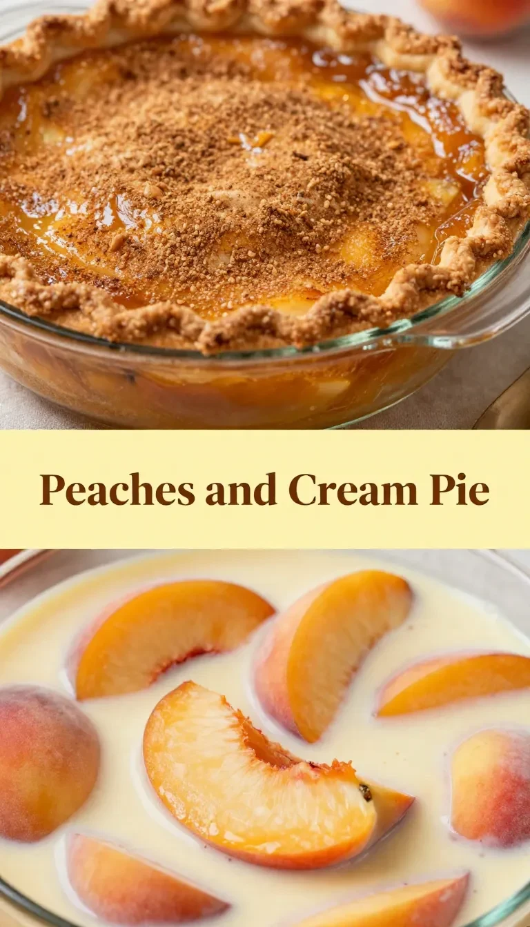 A freshly baked peaches and cream pie with a golden crust served on a wooden table.