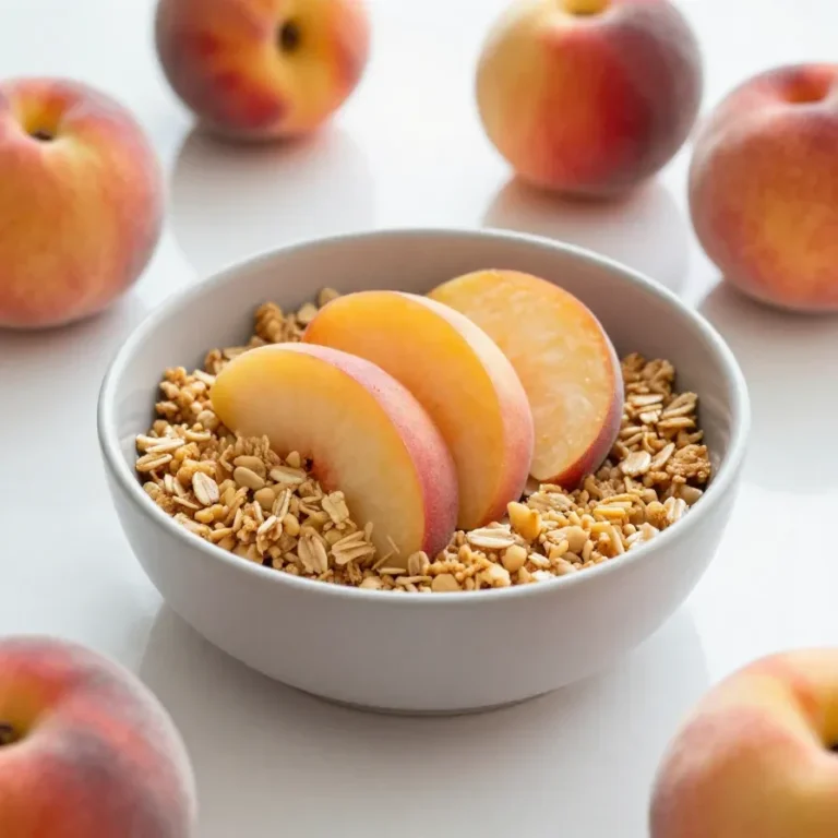 Best Peach Crisp Recipe with Cinnamon-Oat Topping A freshly baked peach crisp topped with a golden cinnamon-oat crumble in a white baking dish.