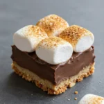 Close-up of gooey s'more bars topped with melted chocolate and marshmallows.
