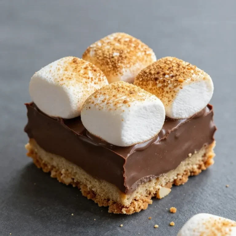 S’more Bars Close-up of gooey s'more bars topped with melted chocolate and marshmallows.
