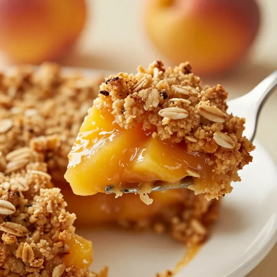 A freshly baked peach crisp topped with a golden cinnamon-oat crumble in a white baking dish.