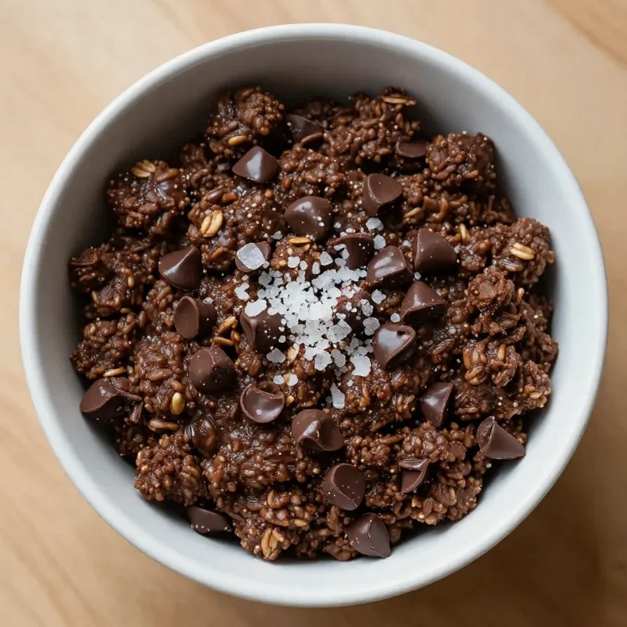A close-up of brownie baked oatmeal served in a white dish with a fork on the side.
