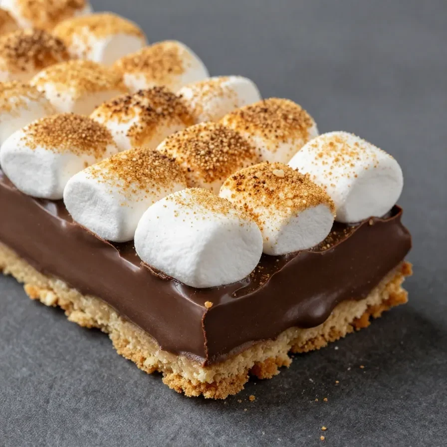 Close-up of gooey s'more bars topped with melted chocolate and marshmallows.