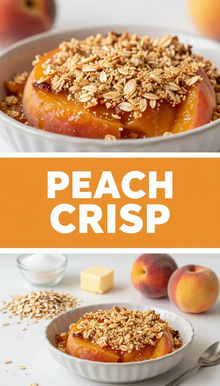 A freshly baked peach crisp topped with a golden cinnamon-oat crumble in a white baking dish.
