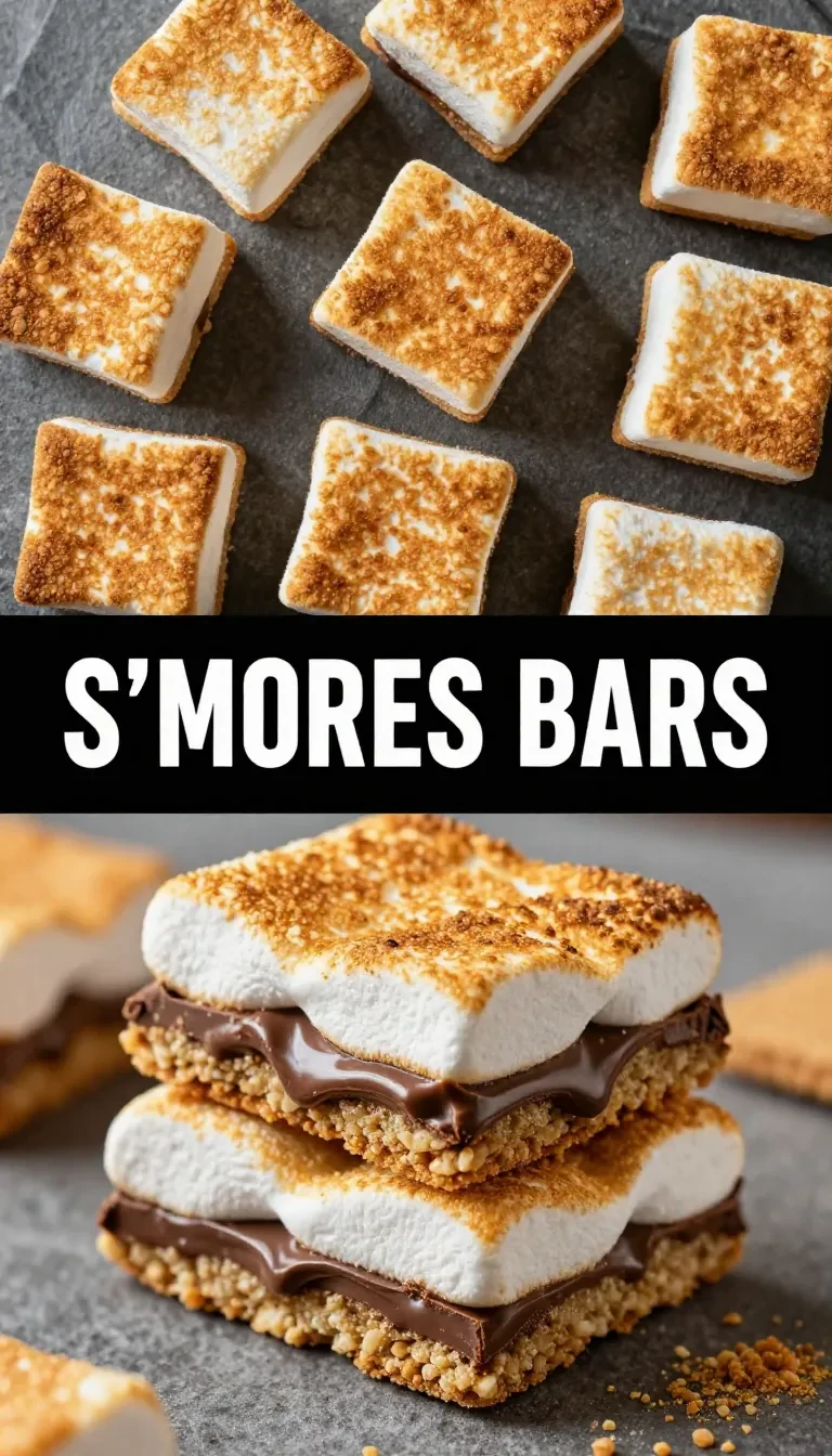 Close-up of gooey s'more bars topped with melted chocolate and marshmallows.