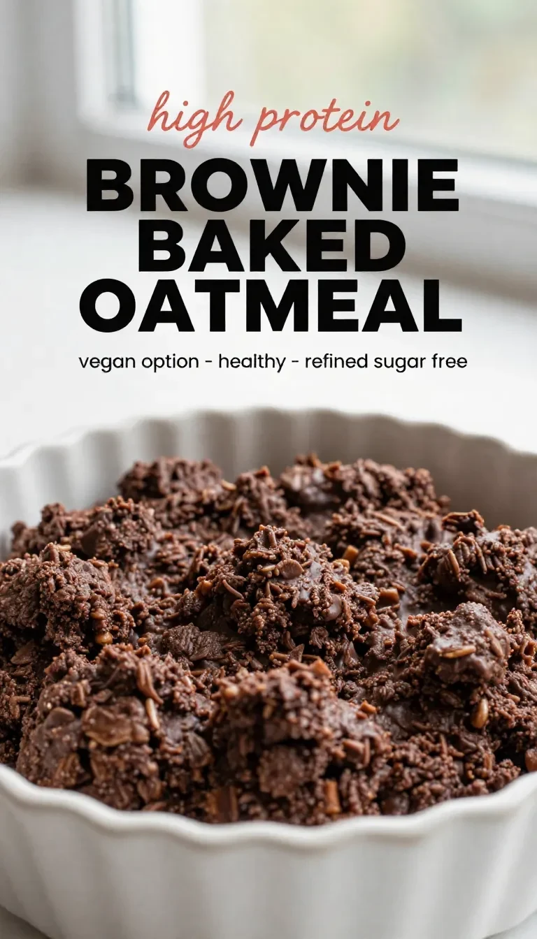 A close-up of brownie baked oatmeal served in a white dish with a fork on the side.