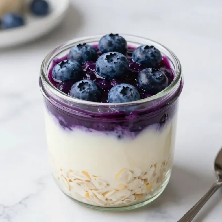 A jar of easy blueberry cheesecake overnight oats topped with fresh blueberries and crushed graham crackers.