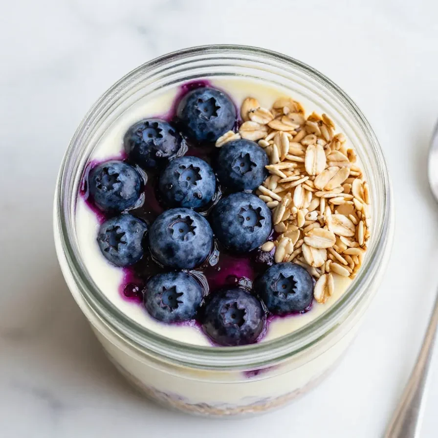 A jar of easy blueberry cheesecake overnight oats topped with fresh blueberries and crushed graham crackers.