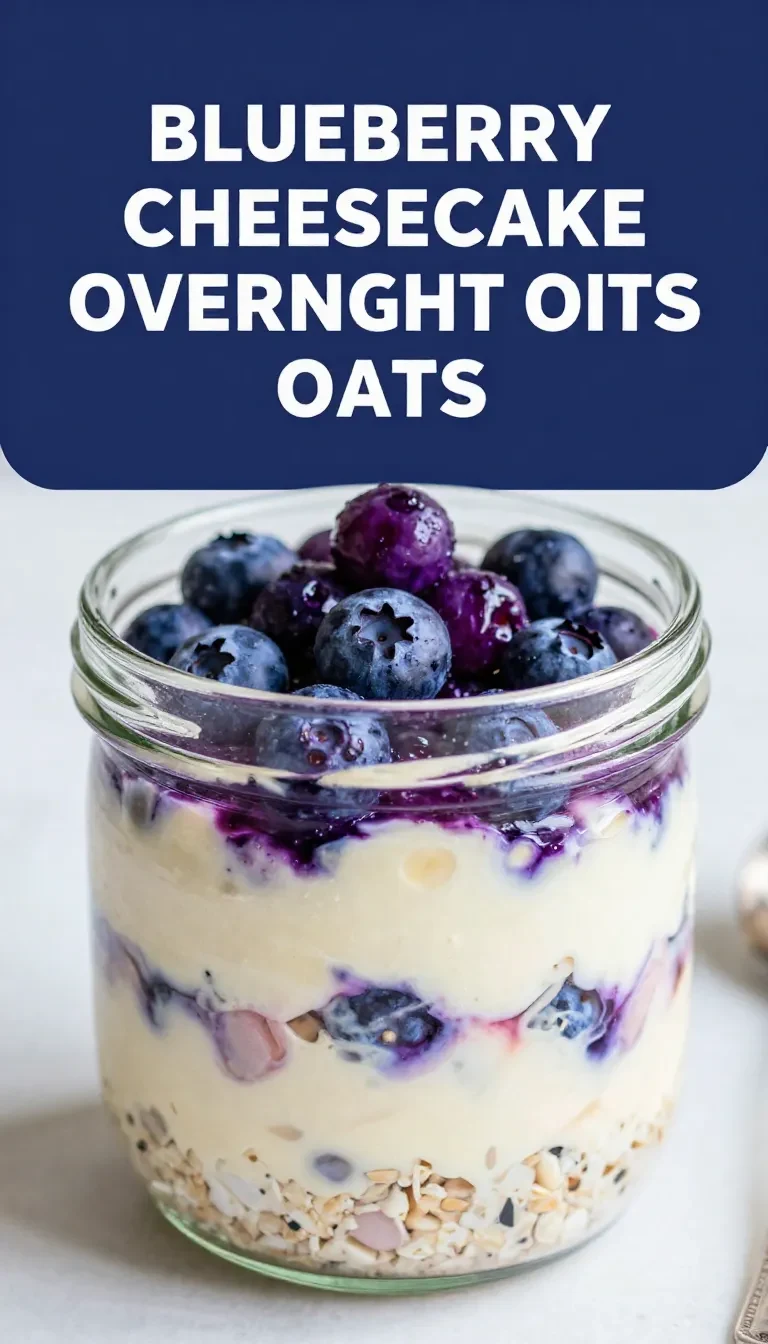 A jar of easy blueberry cheesecake overnight oats topped with fresh blueberries and crushed graham crackers.