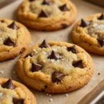 Freshly baked brown butter pumpkin chocolate chip cookies stacked on a plate.