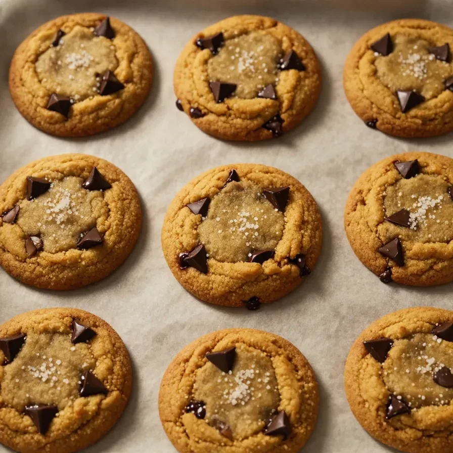 Freshly baked brown butter pumpkin chocolate chip cookies stacked on a plate.