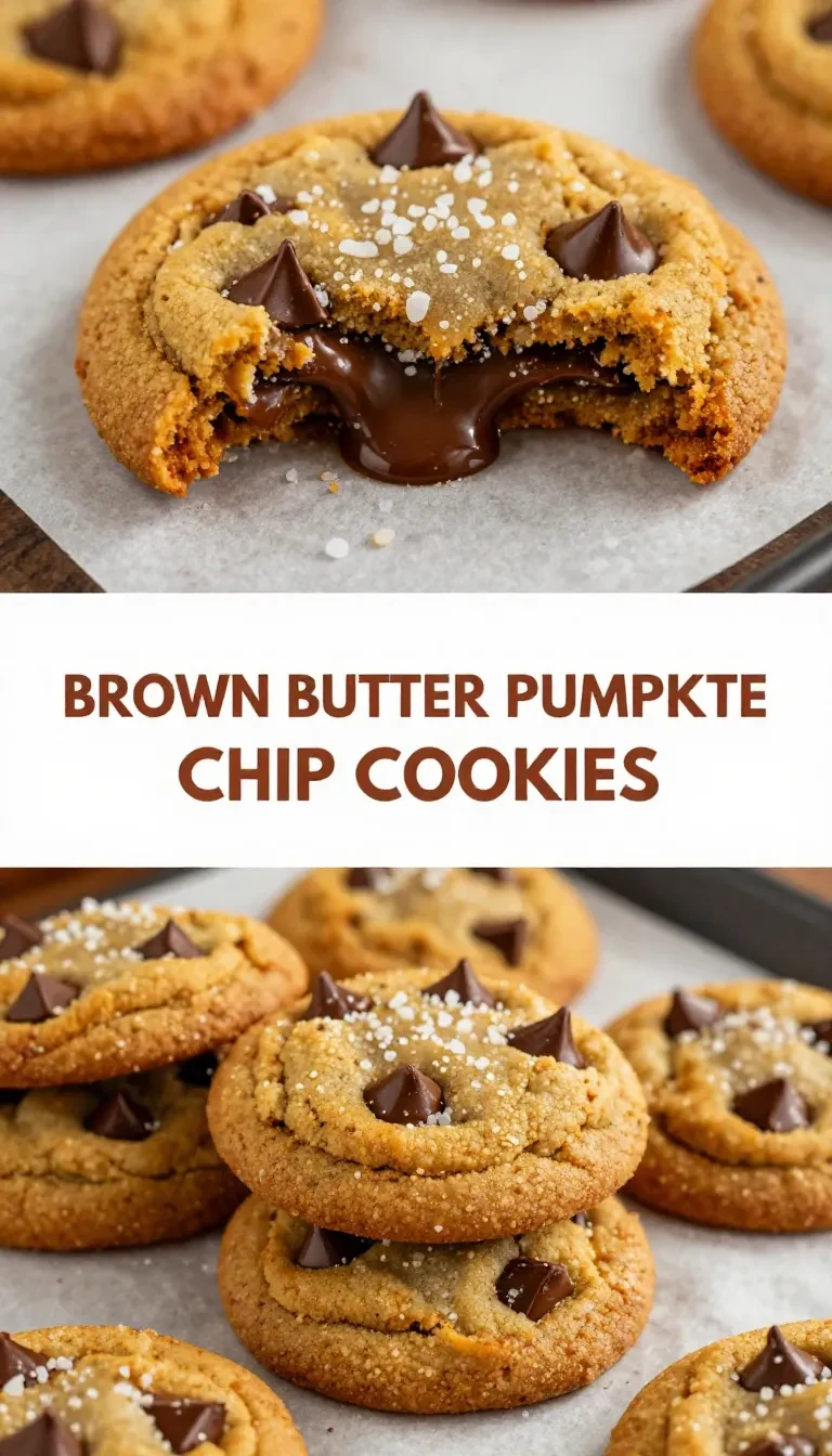 Freshly baked brown butter pumpkin chocolate chip cookies stacked on a plate.
