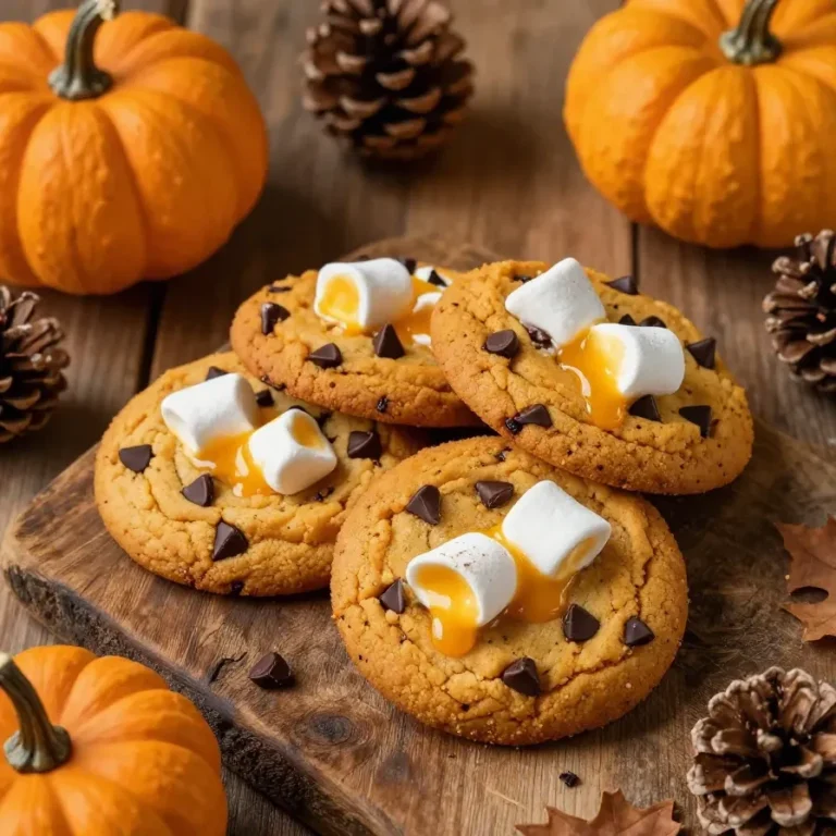 A close-up of freshly baked pumpkin s'mores cookies with melted chocolate and marshmallows on top.