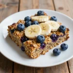 Close-up of a freshly baked blueberry banana oatmeal in a white ceramic dish.