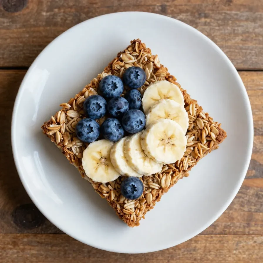 Close-up of a freshly baked blueberry banana oatmeal in a white ceramic dish.