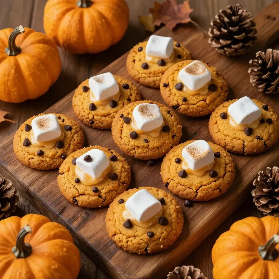 A close-up of freshly baked pumpkin s'mores cookies with melted chocolate and marshmallows on top.