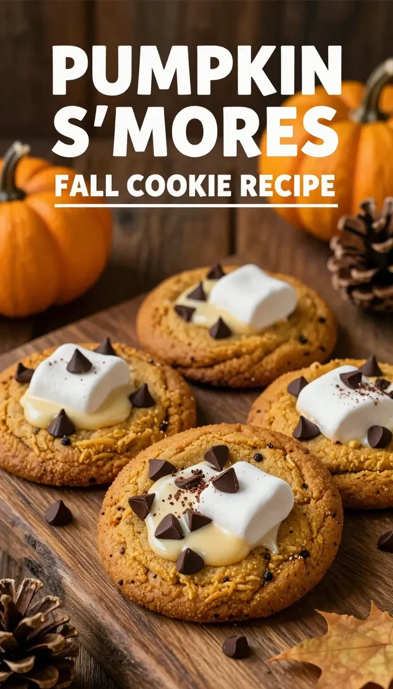 A close-up of freshly baked pumpkin s'mores cookies with melted chocolate and marshmallows on top.