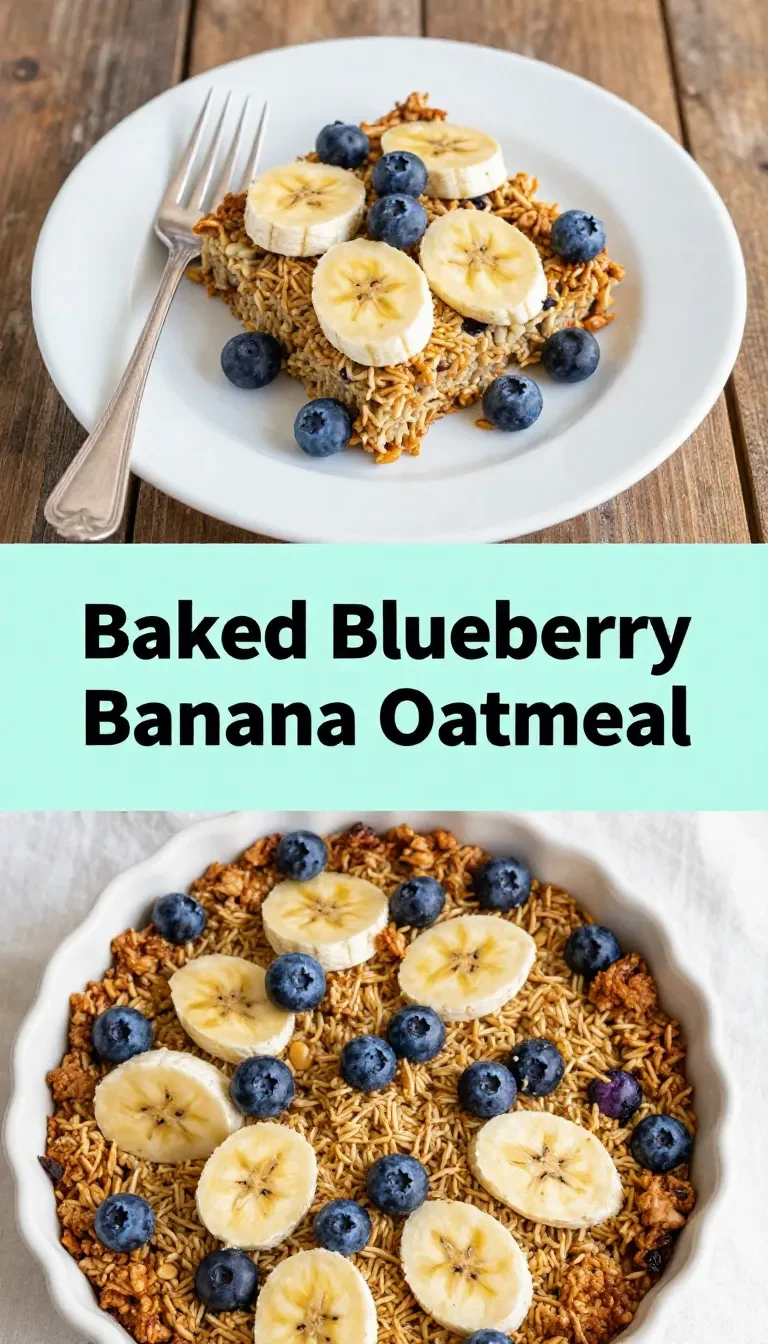 Close-up of a freshly baked blueberry banana oatmeal in a white ceramic dish.