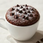 A chocolate protein mug cake served in a white mug with a spoon beside it.