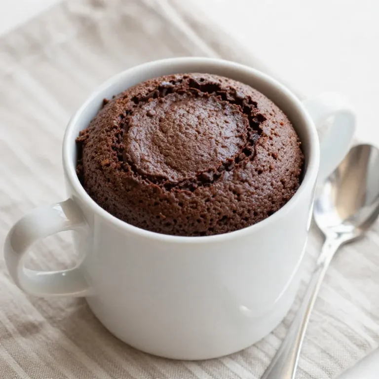 A freshly baked keto mug cake made in the microwave, topped with berries and cream.