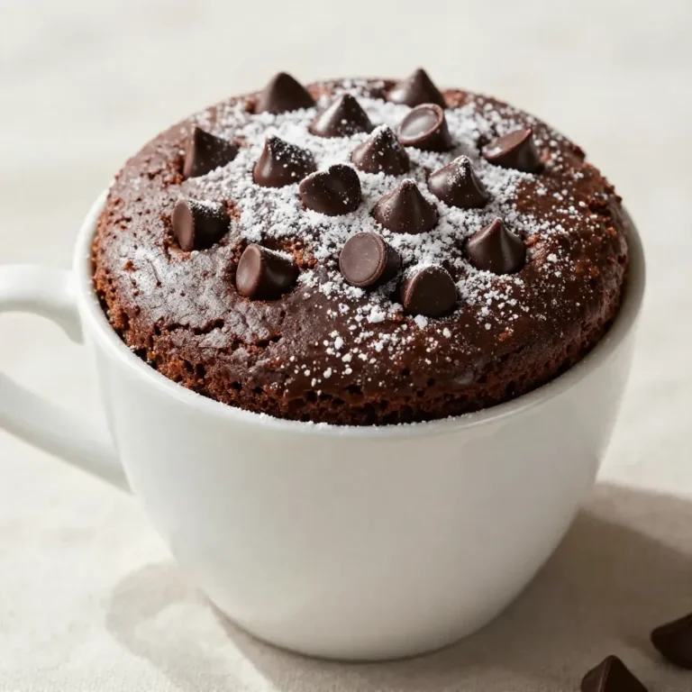 A chocolate protein mug cake served in a white mug with a spoon beside it.