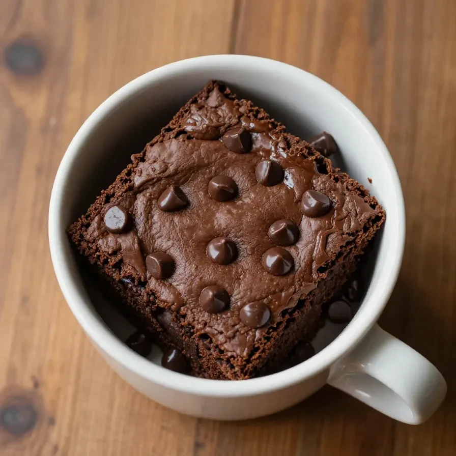 A rich chocolate brownie served in a white mug, topped with a scoop of vanilla ice cream.