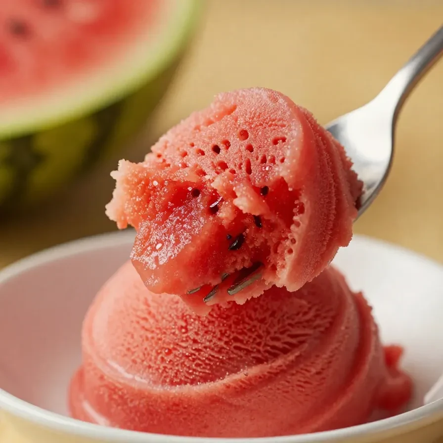 A bowl of vibrant pink watermelon sorbet served in a glass dish, made using the Ninja Creami machine.