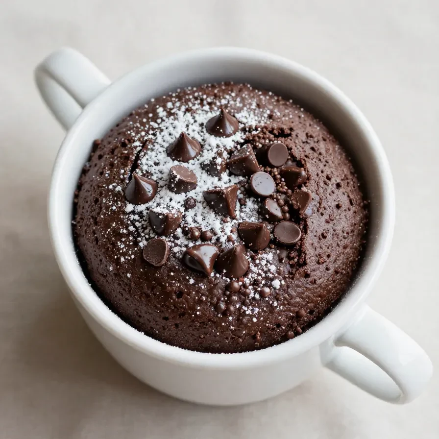 A chocolate protein mug cake served in a white mug with a spoon beside it.