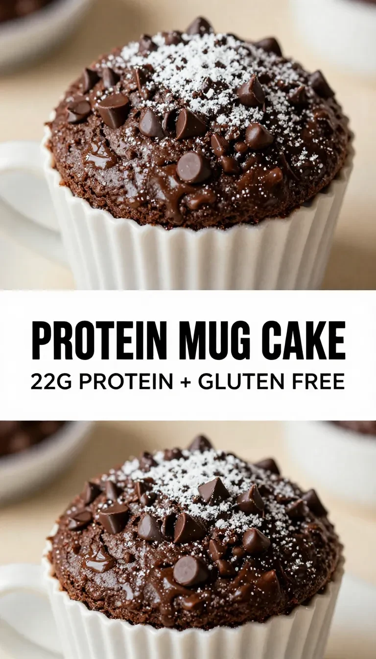 A chocolate protein mug cake served in a white mug with a spoon beside it.
