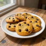 A close-up view of soft batch pumpkin chocolate chip cookies stacked on a plate.
