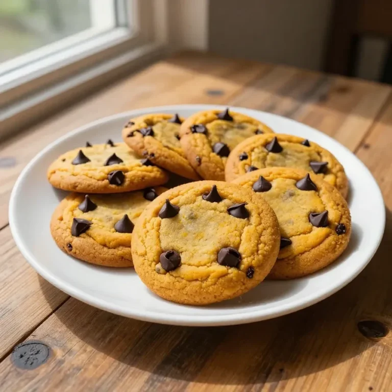 Soft Batch Pumpkin Chocolate Chip Cookies A close-up view of soft batch pumpkin chocolate chip cookies stacked on a plate.