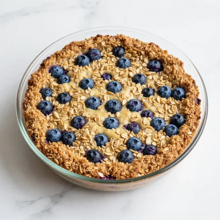 Overnight Baked Blueberry Muffin Oatmeal A close-up of a baked blueberry muffin oatmeal in a white dish, topped with fresh blueberries and a drizzle of honey.