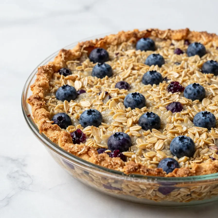 A close-up of a baked blueberry muffin oatmeal in a white dish, topped with fresh blueberries and a drizzle of honey.