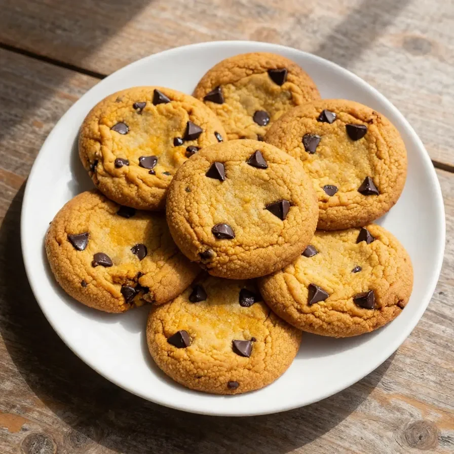 A close-up view of soft batch pumpkin chocolate chip cookies stacked on a plate.
