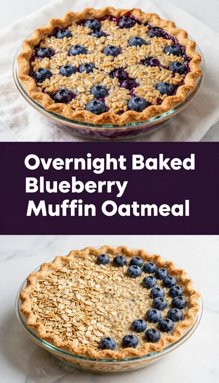 A close-up of a baked blueberry muffin oatmeal in a white dish, topped with fresh blueberries and a drizzle of honey.