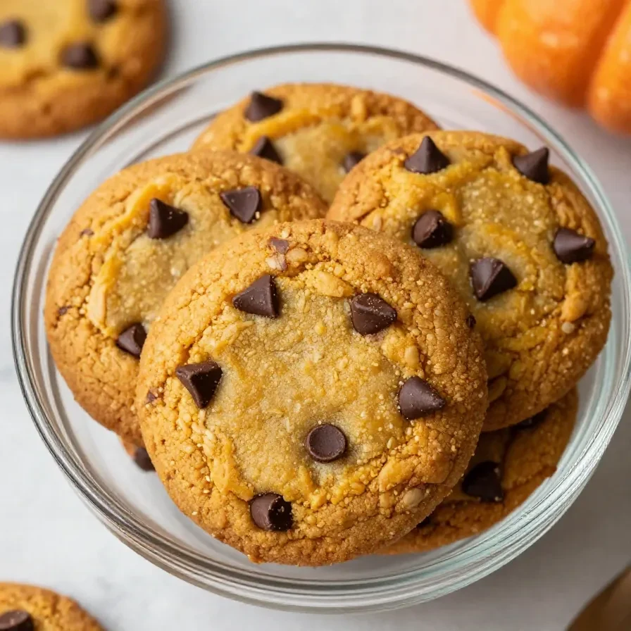 A plate of freshly baked healthy pumpkin oat cookies on a wooden table.