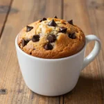 A chocolate chip protein mug cake served in a white mug on a wooden table.