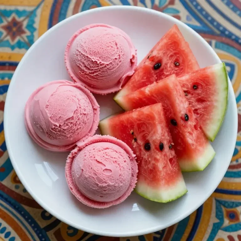 A bowl of vibrant pink watermelon sherbet made using the Ninja Creami machine, garnished with fresh mint leaves.