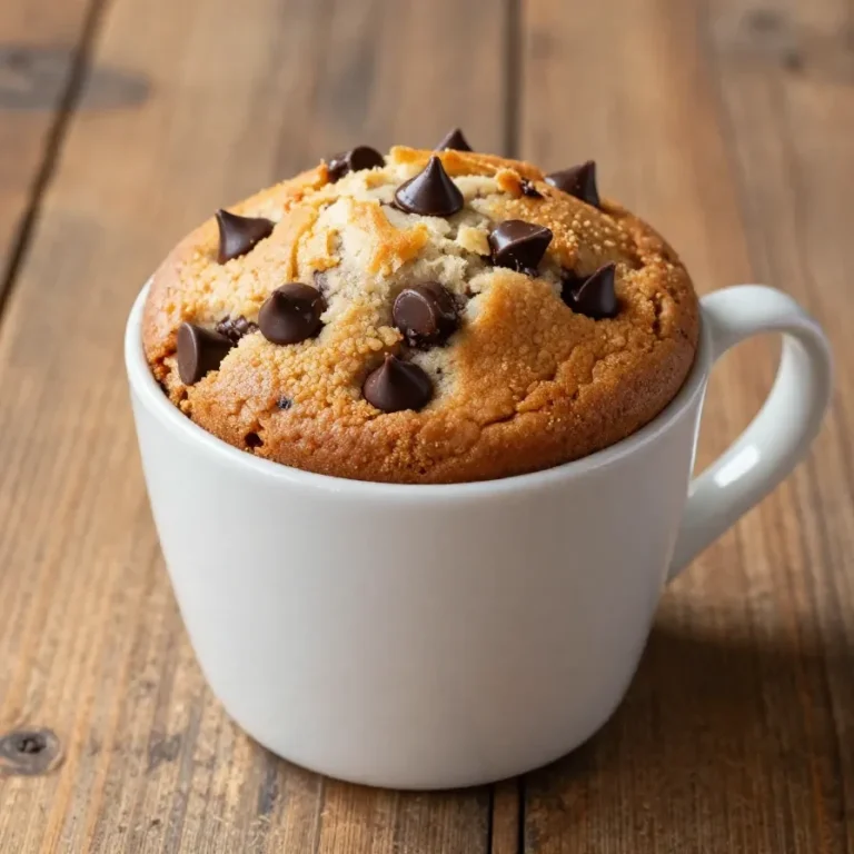 A chocolate chip protein mug cake served in a white mug on a wooden table.