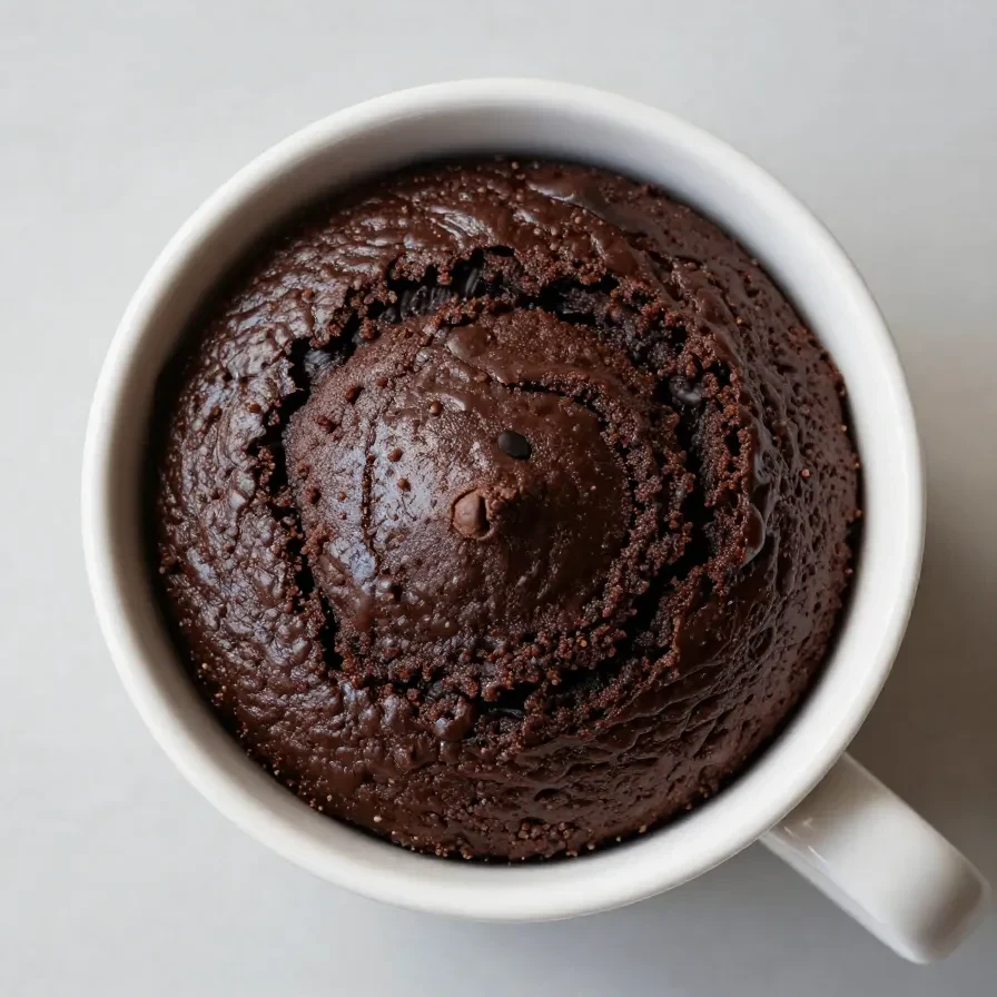 A freshly made Oreo mug cake served in a white mug on a wooden table.