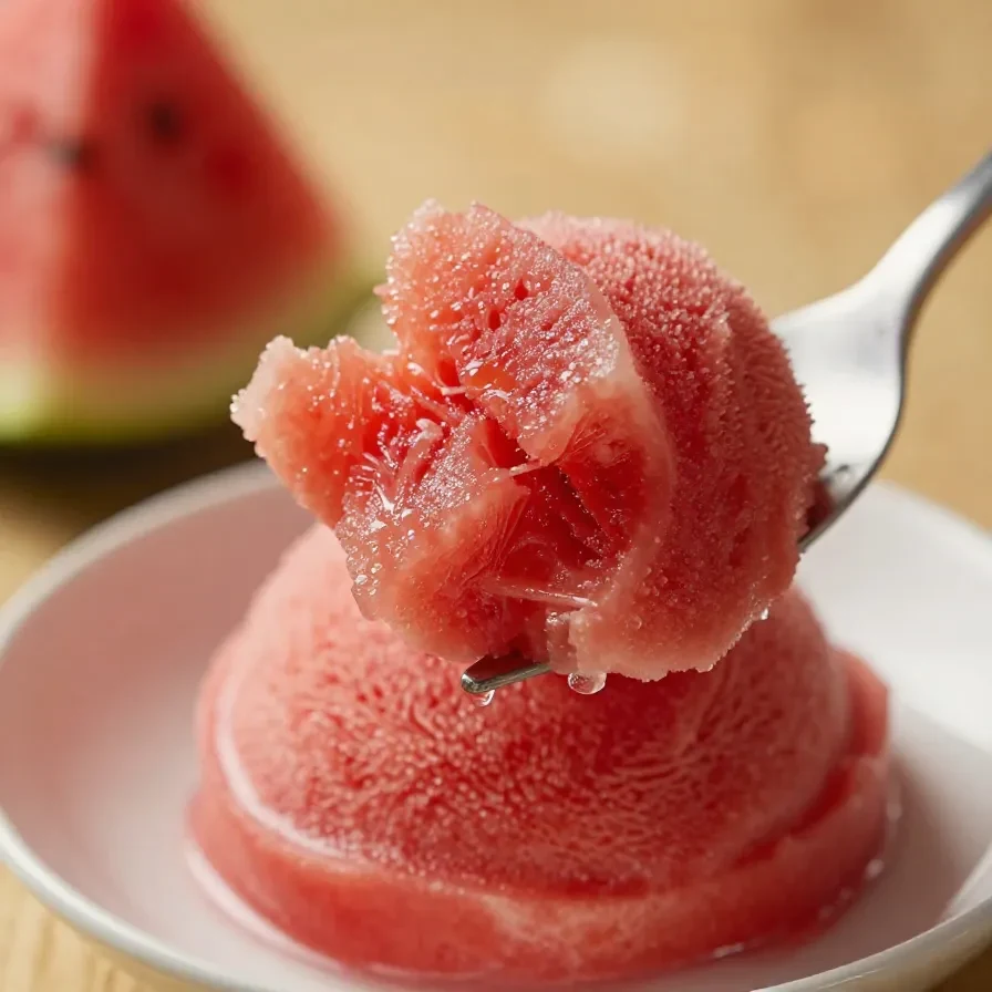 A bowl of vibrant pink watermelon sorbet garnished with fresh mint leaves.