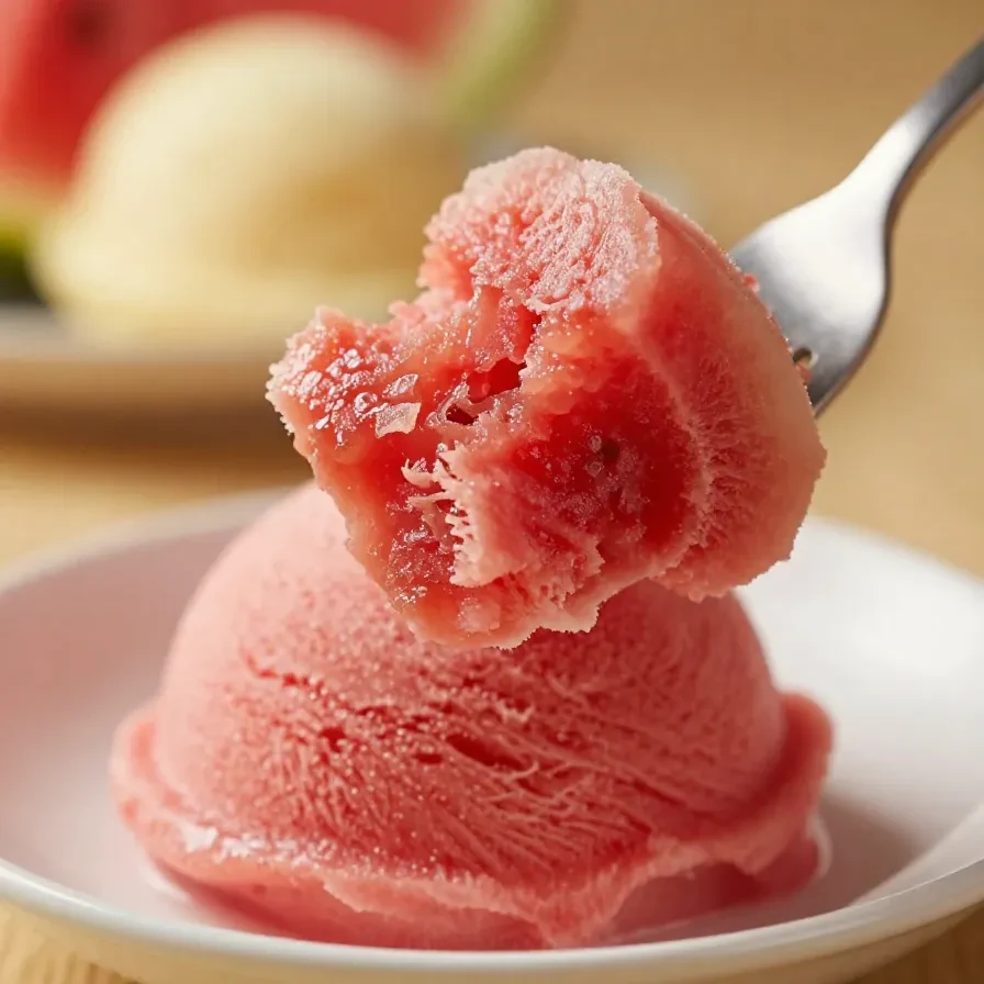 A bowl of vibrant pink watermelon sherbet made using the Ninja Creami machine, garnished with fresh mint leaves.